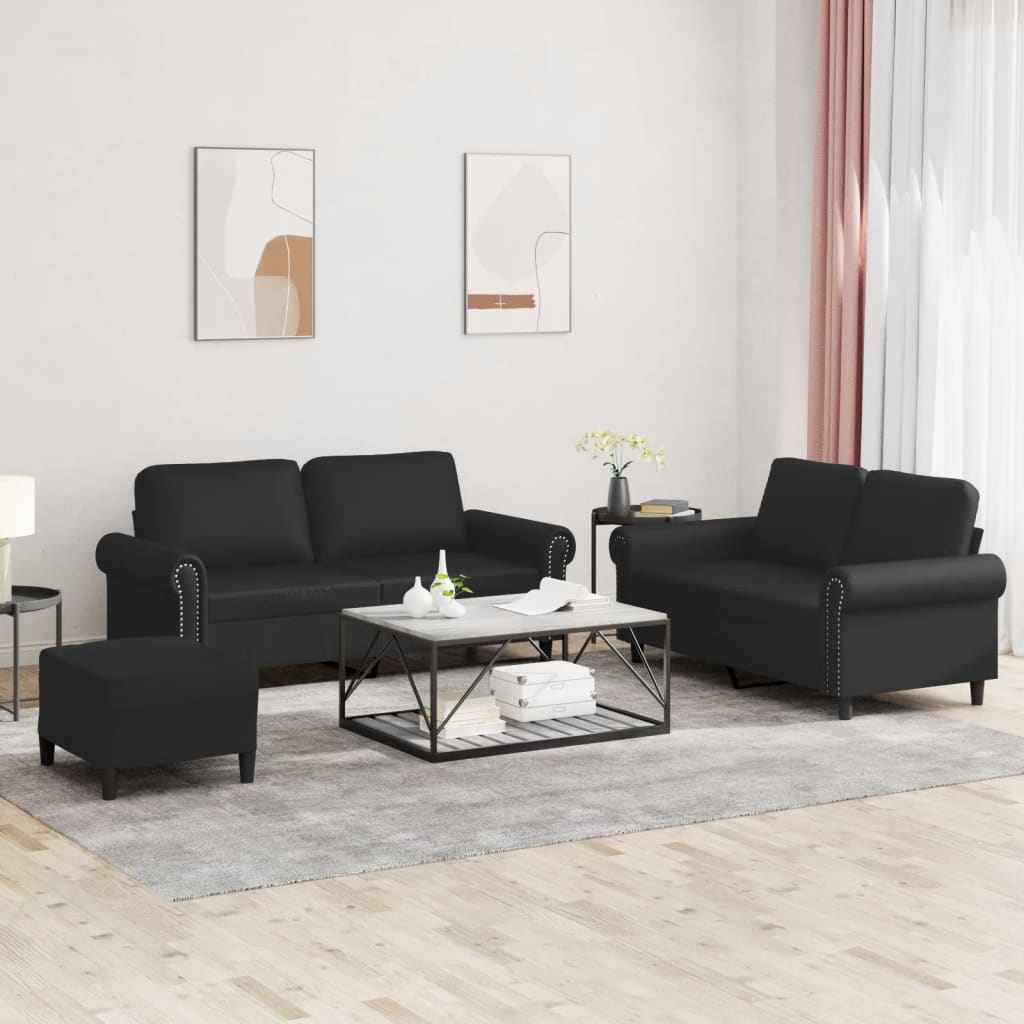 3-dijelni set sofa s jastucima crni od umjetne kože