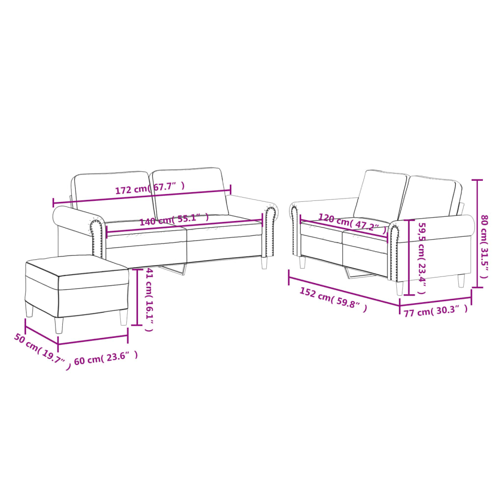 3-dijelni set sofa s jastucima krem od umjetne kože