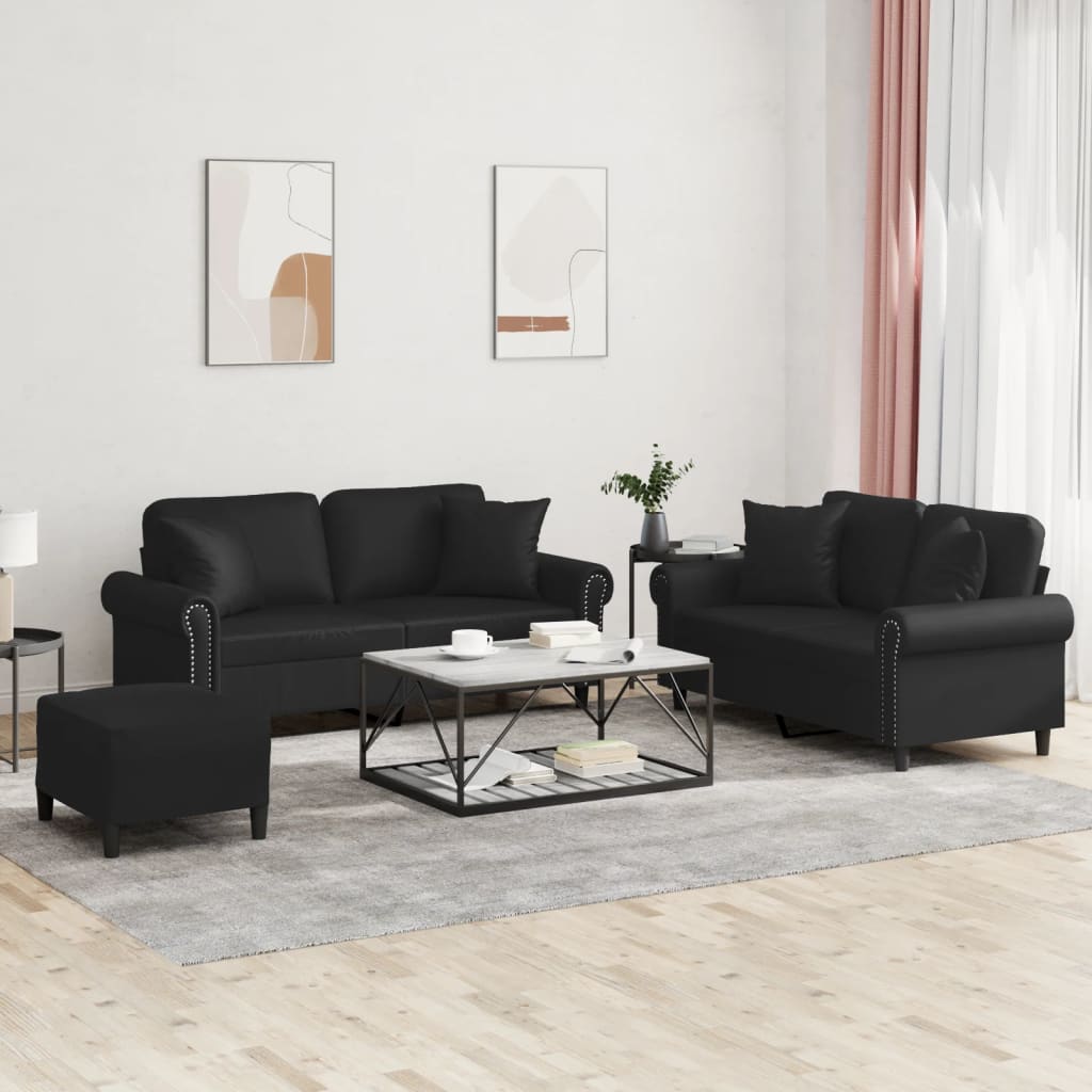3-dijelni set sofa s jastucima crna od umjetne kože