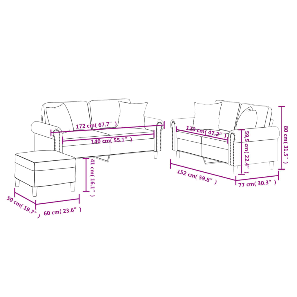 3-dijelni set sofa s jastucima krem od umjetne kože