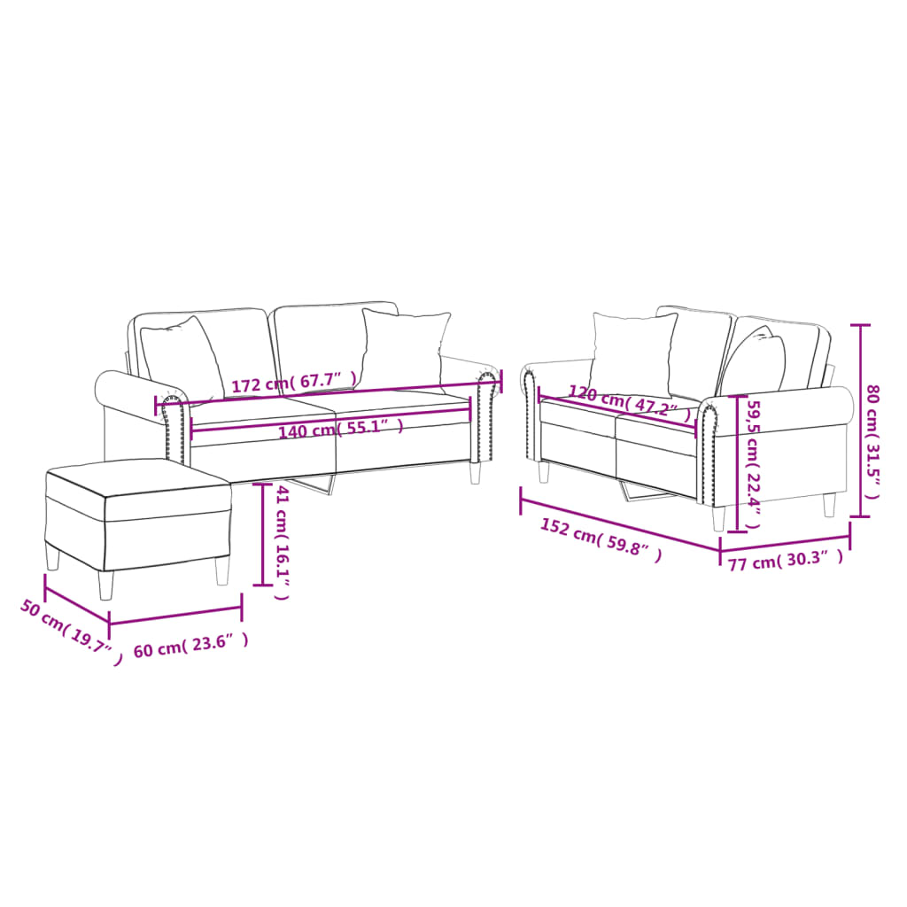 3-dijelni set sofa s jastucima sivi od umjetne kože
