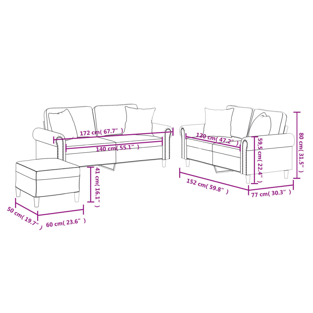 3-dijelni set sofa s jastucima boja cappuccina od umjetne kože