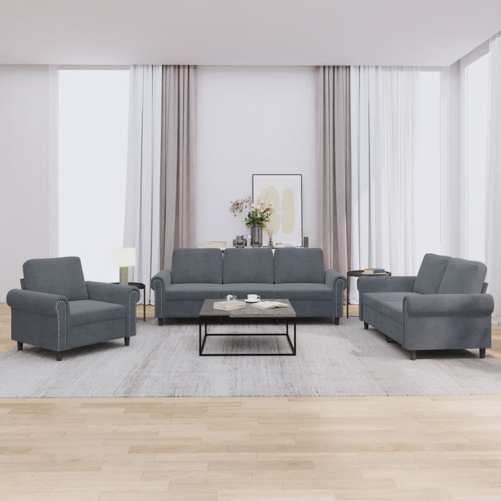 3-dijelni set sofa s jastucima tamnosivi baršunasti