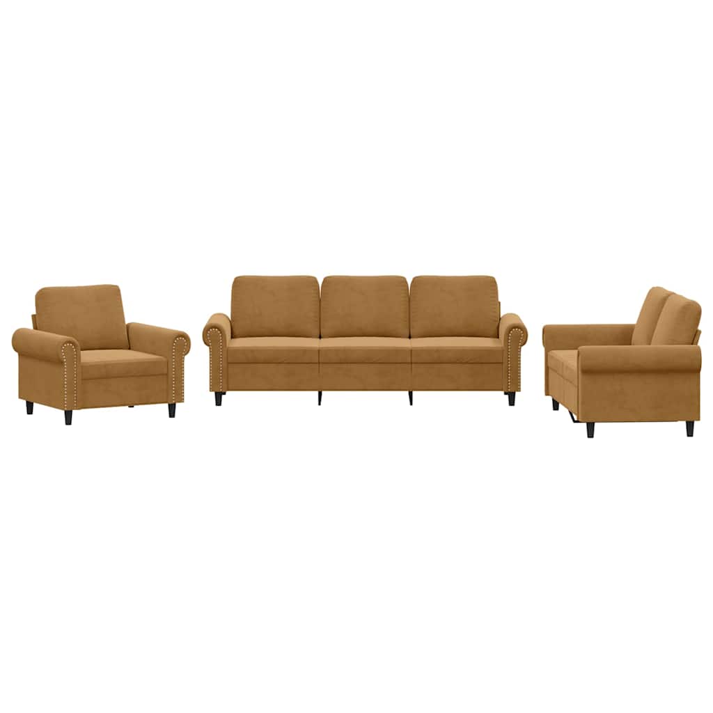 3-dijelni set sofa s jastucima smeđi baršunasti