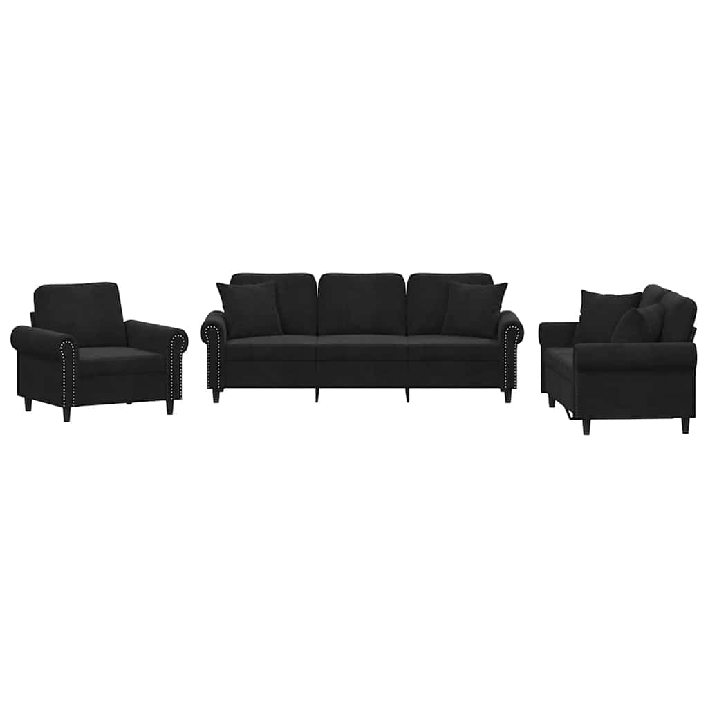 3-dijelni set sofa s jastucima crni baršunasti