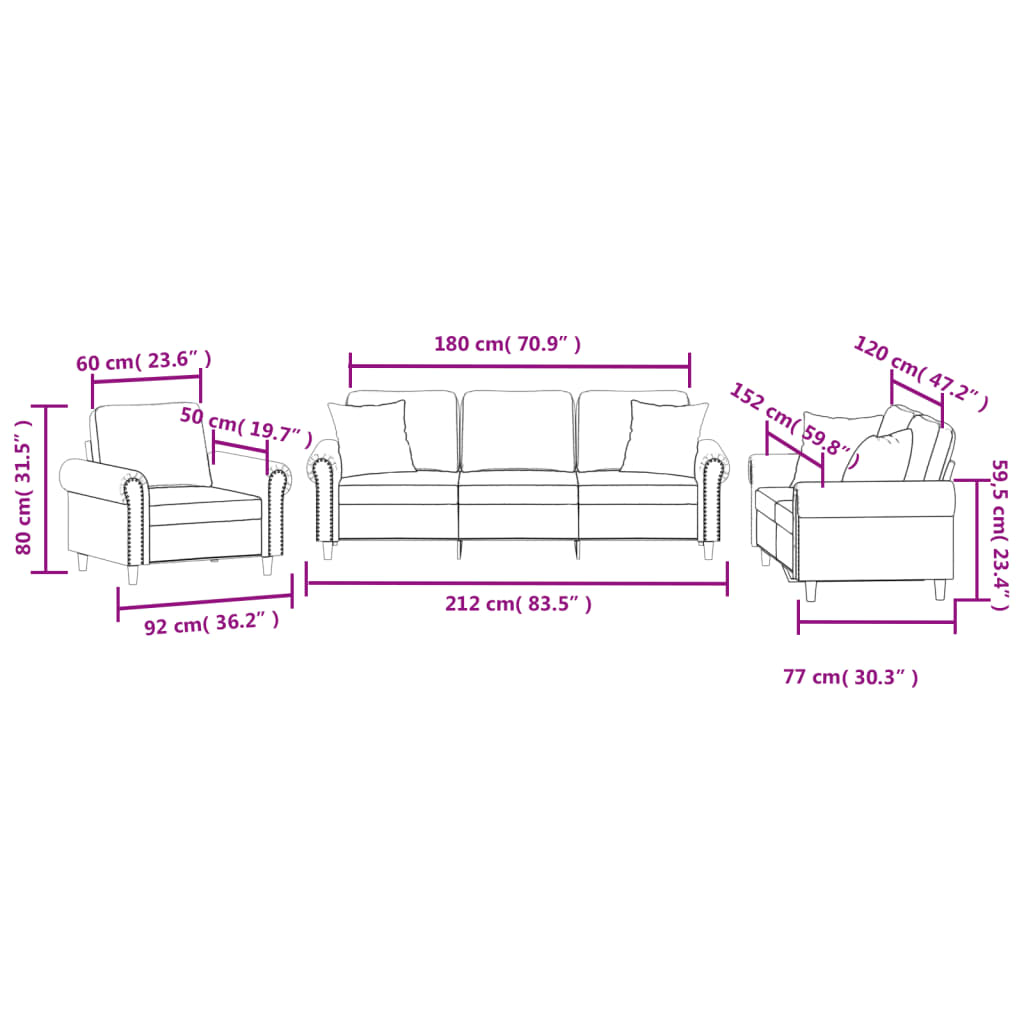 3-dijelni set sofa s jastucima krem baršunasti