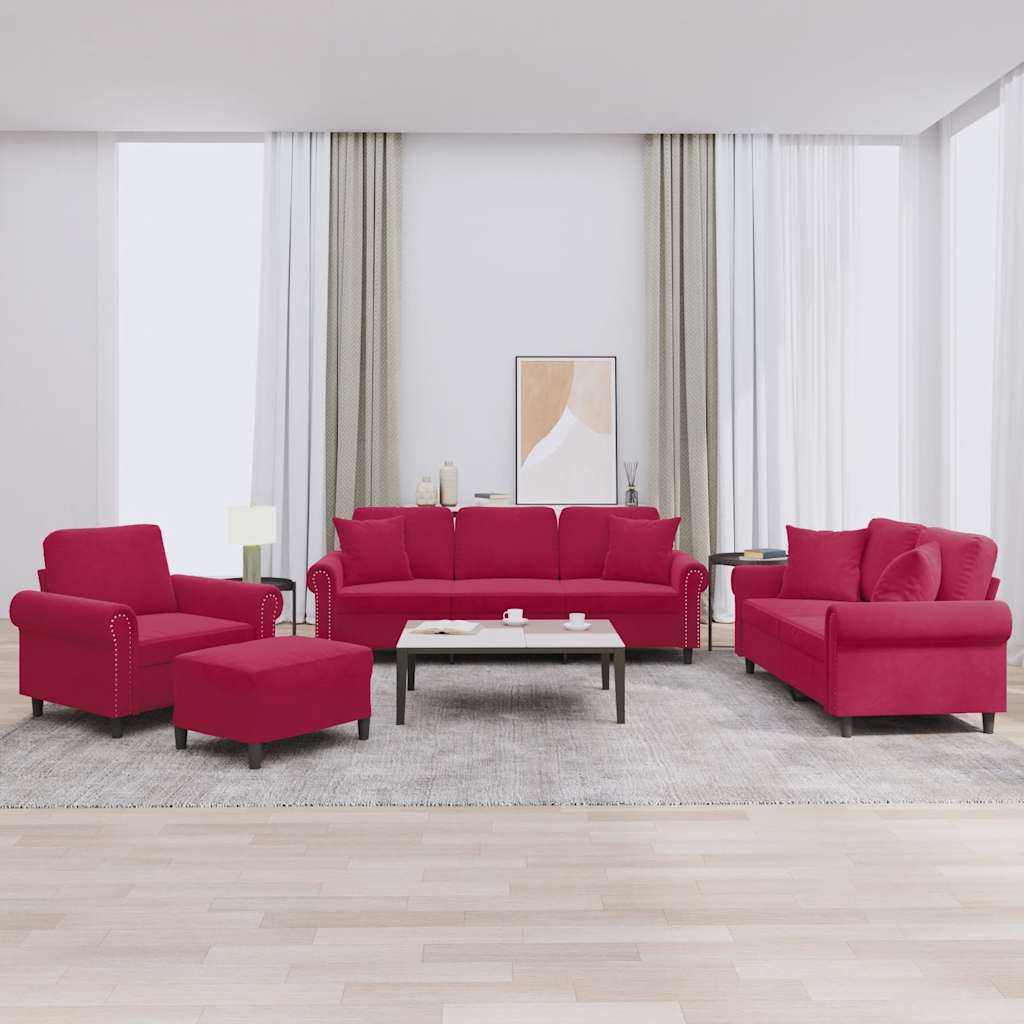 4-dijelni set sofa s jastucima crvena boja vina baršunasti