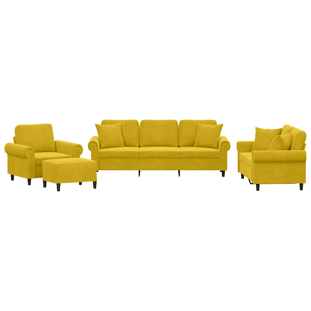 4-dijelni set sofa s jastucima žuti baršunasti