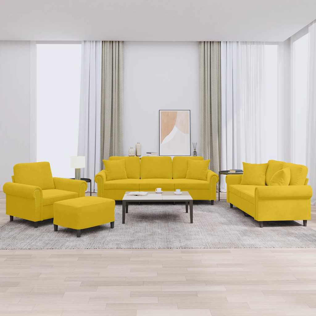 4-dijelni set sofa s jastucima žuti baršunasti