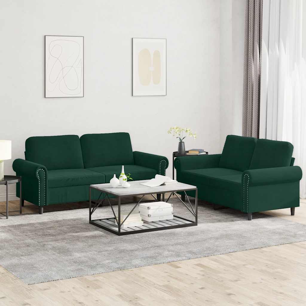 2-dijelni set sofa s jastucima tamnozeleni baršunasti