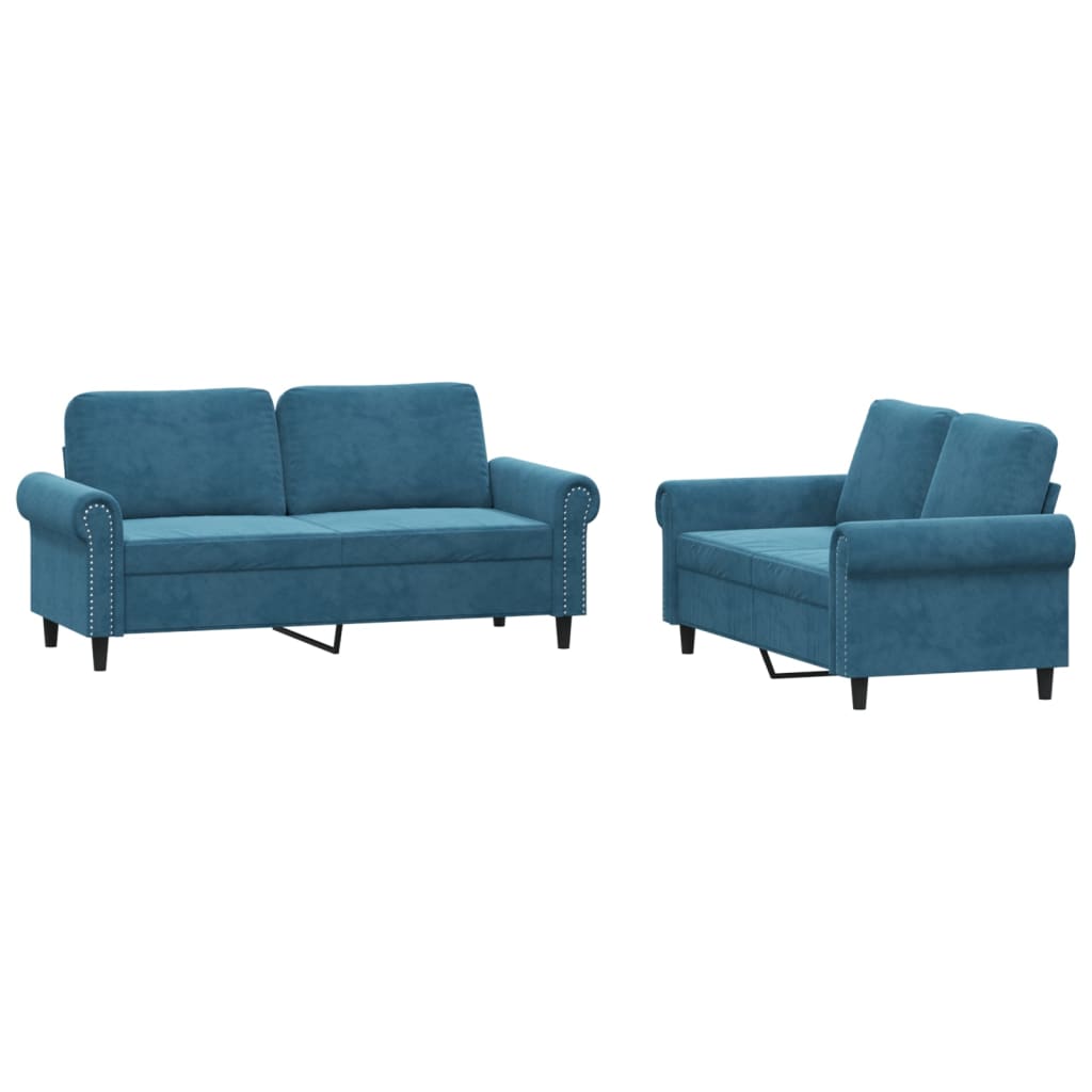 2-dijelni set sofa s jastucima plavi baršunasti