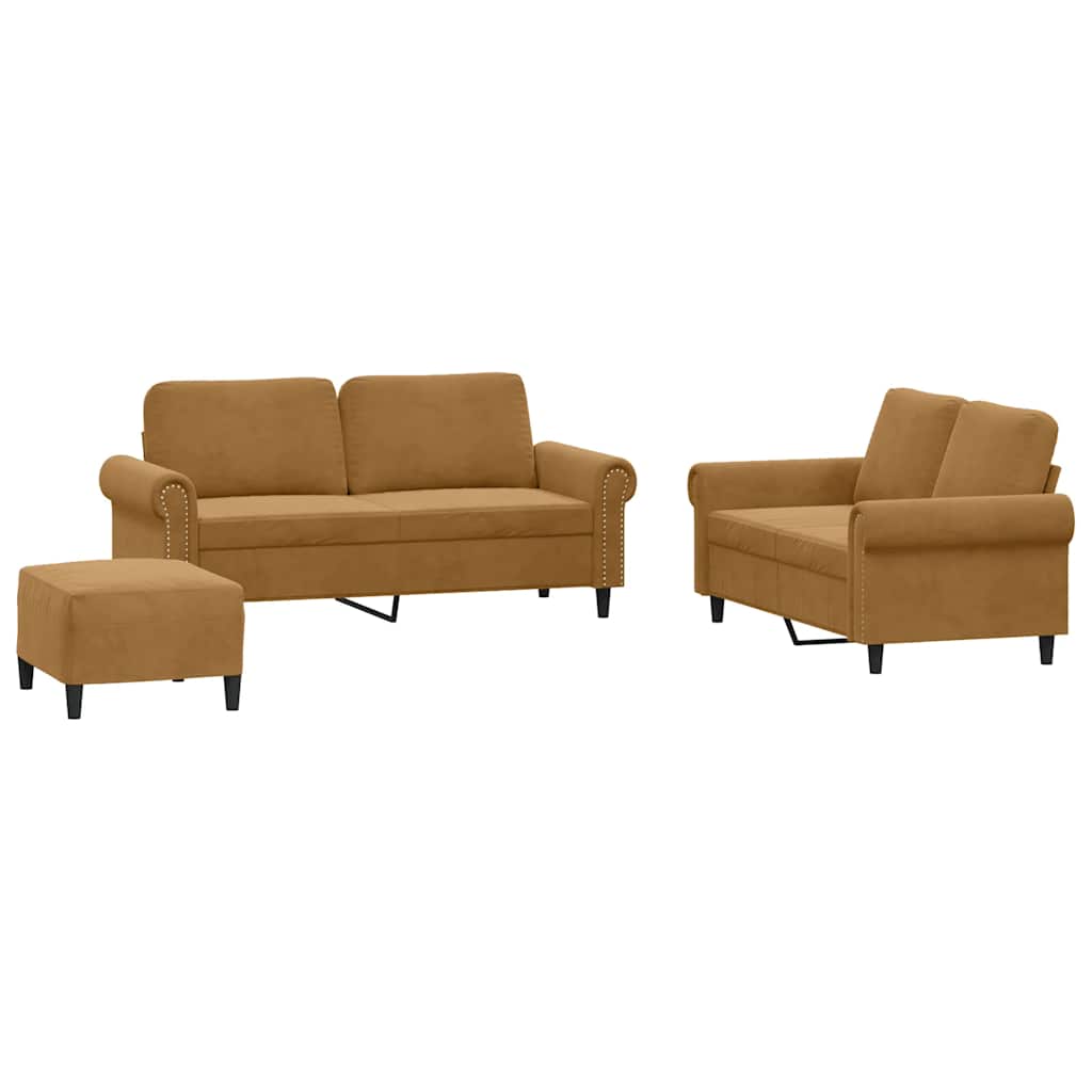 3-dijelni set sofa s jastucima smeđi baršunasti