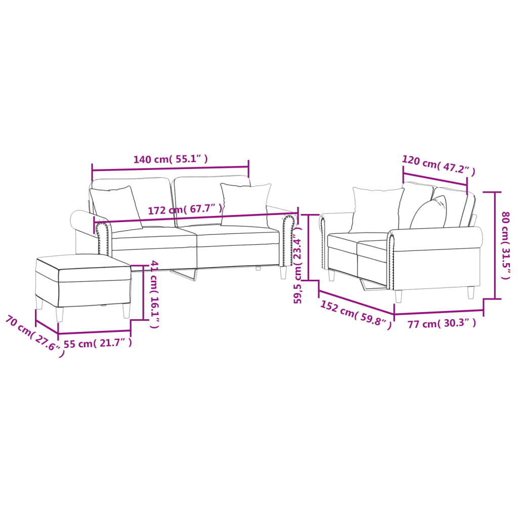 3-dijelni set sofa s jastucima tamnosivi baršunasti