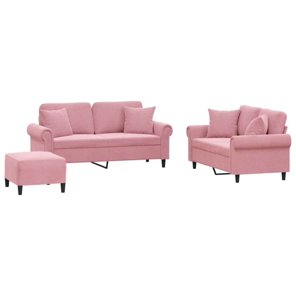 3-dijelni set sofa s jastucima ružičasti baršunasti