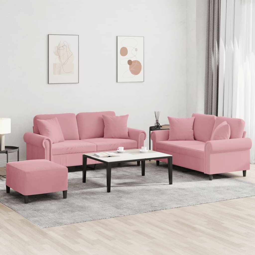 3-dijelni set sofa s jastucima ružičasti baršunasti