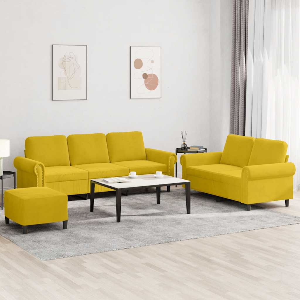 3-dijelni set sofa s jastucima žuti baršunasti