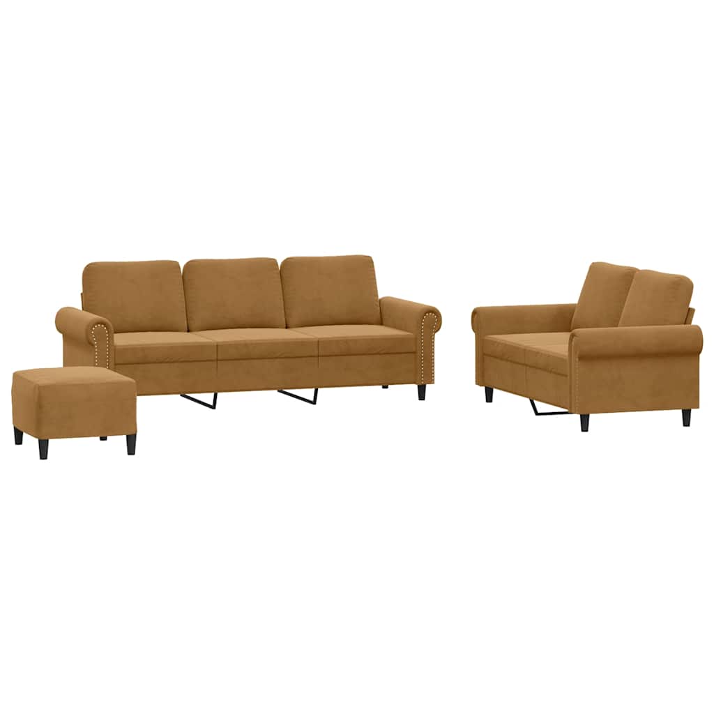 3-dijelni set sofa s jastucima smeđi baršunasti