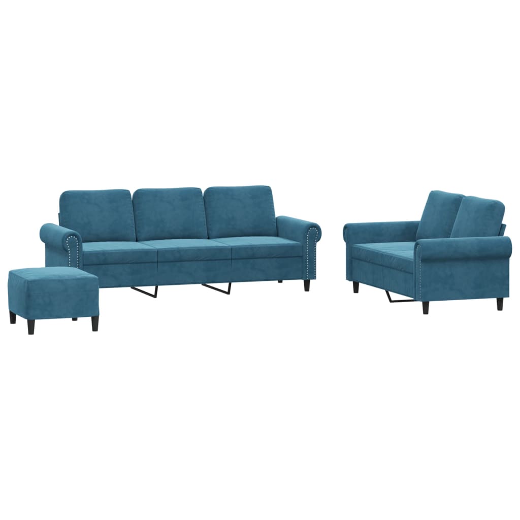 3-dijelni set sofa s jastucima plavi baršunasti