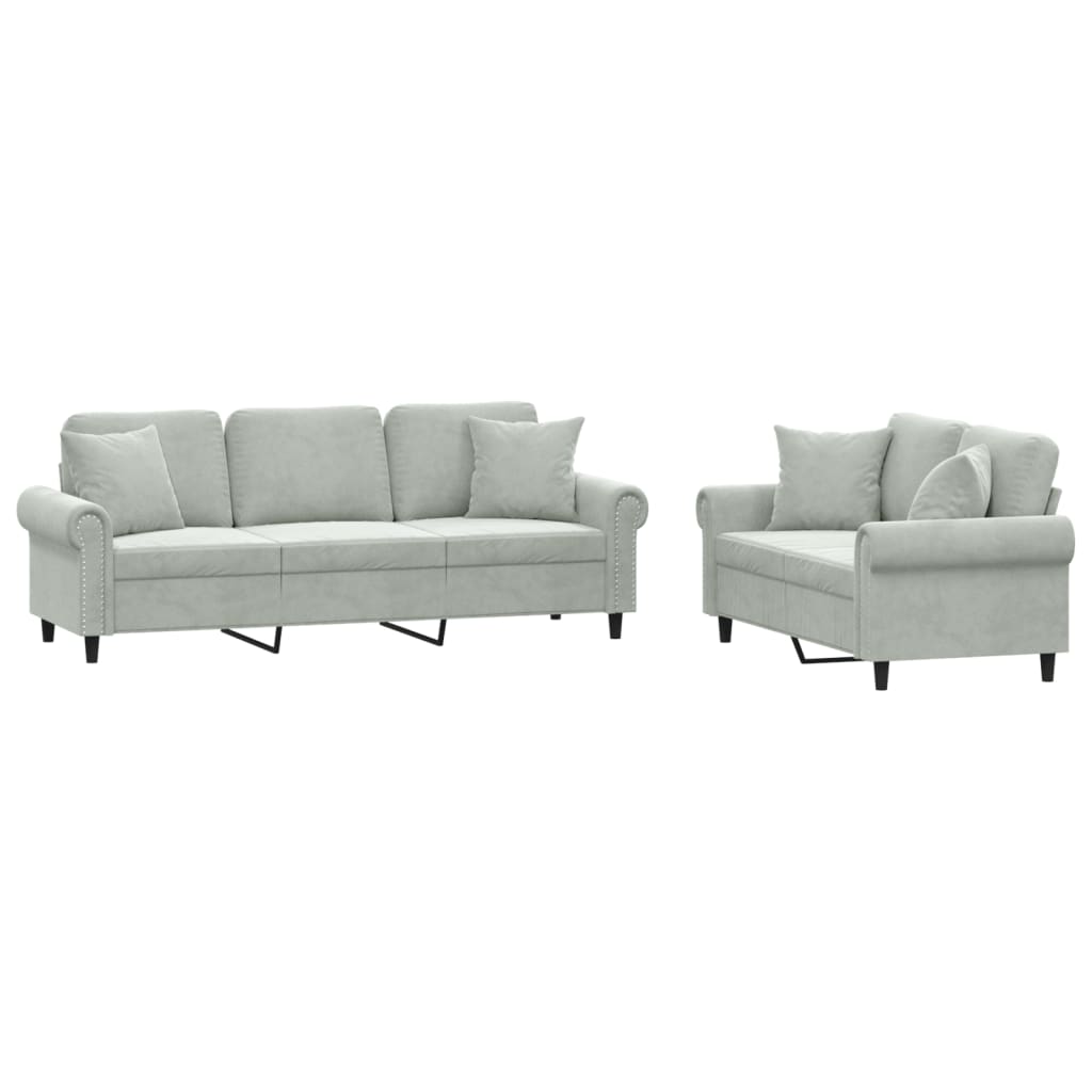 2-dijelni set sofa s jastucima svjetlosivi baršunasti
