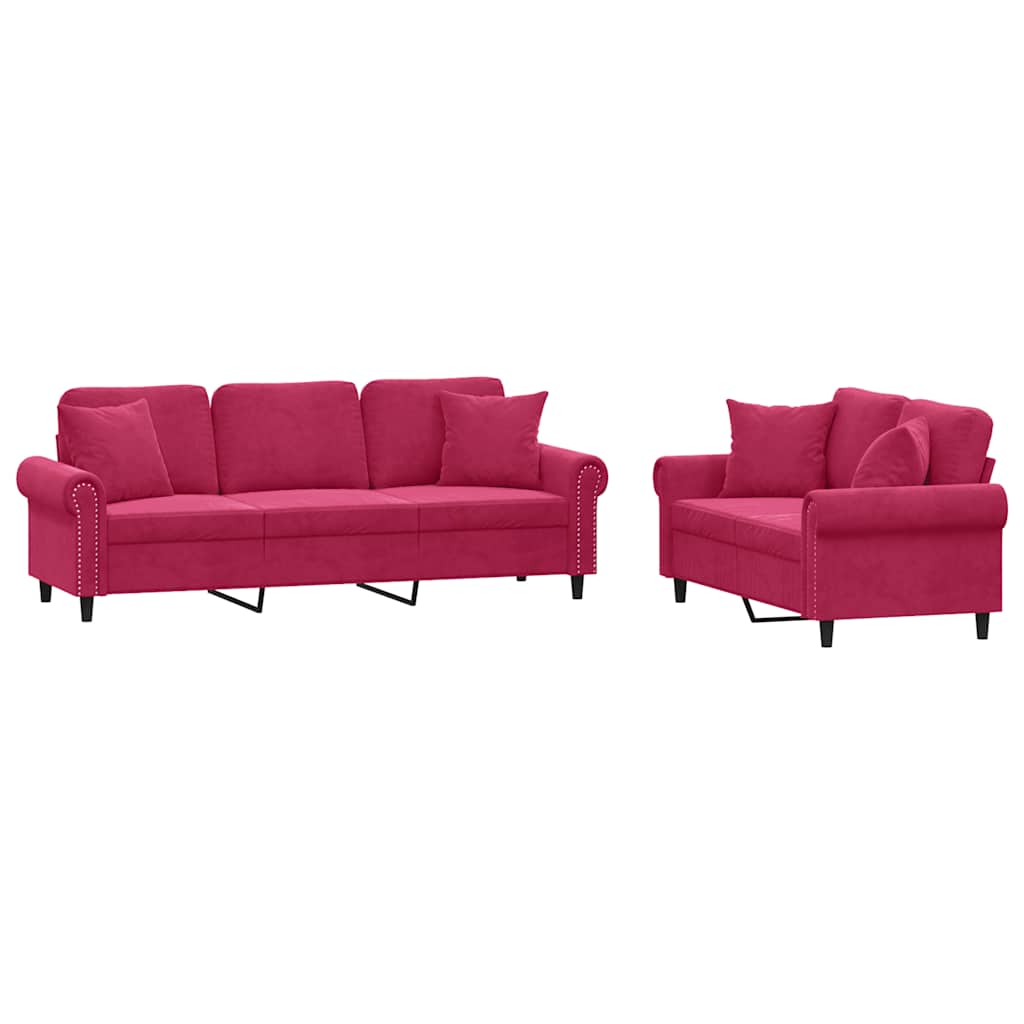 2-dijelni set sofa s jastucima crvena boja vina baršunasti