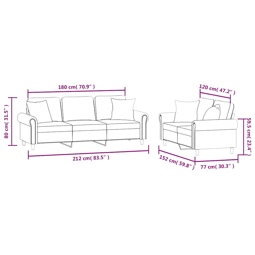 2-dijelni set sofa s jastucima crvena boja vina baršunasti