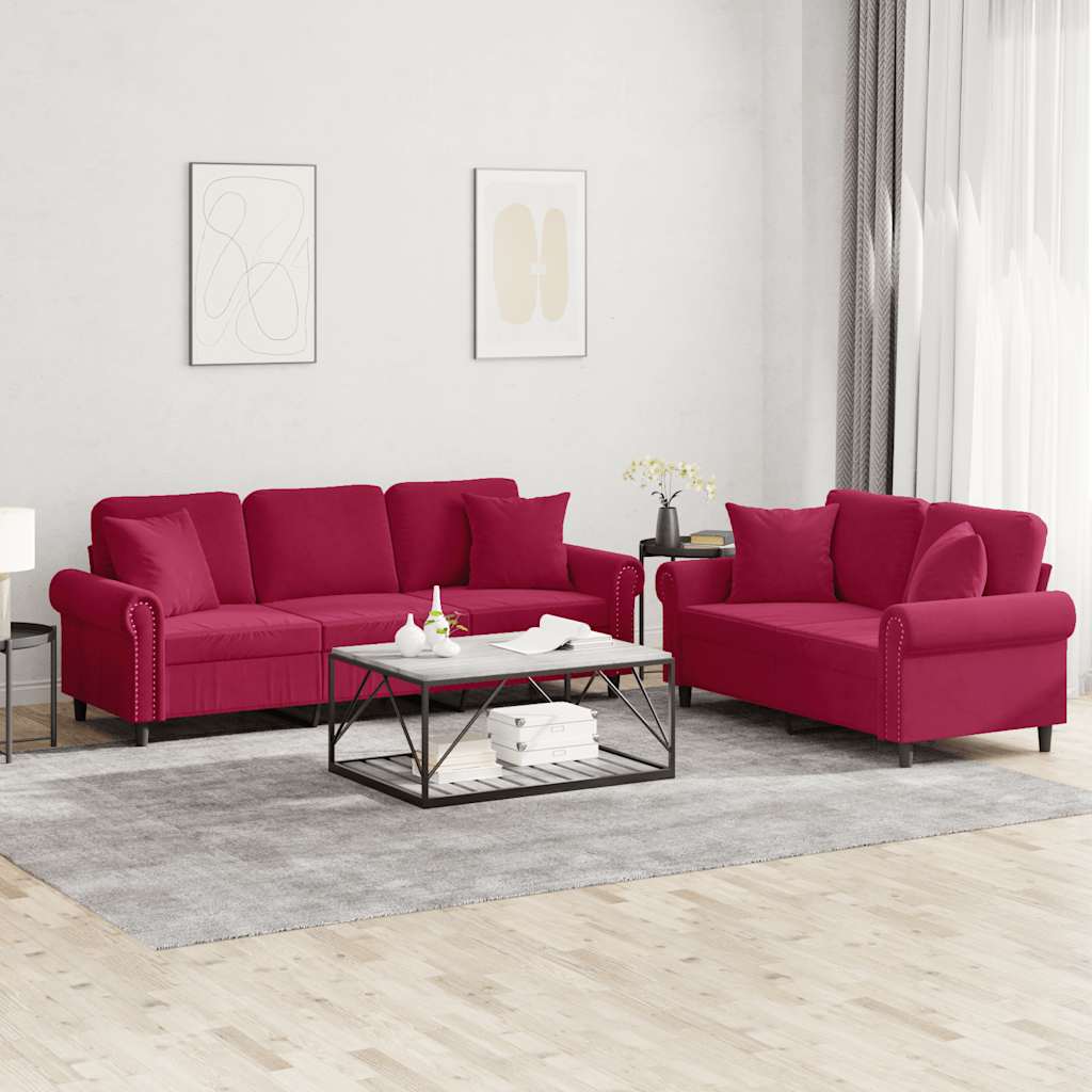 2-dijelni set sofa s jastucima crvena boja vina baršunasti