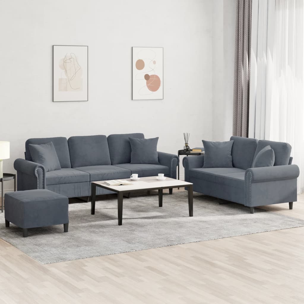 3-dijelni set sofa s jastucima tamnosivi baršunasti
