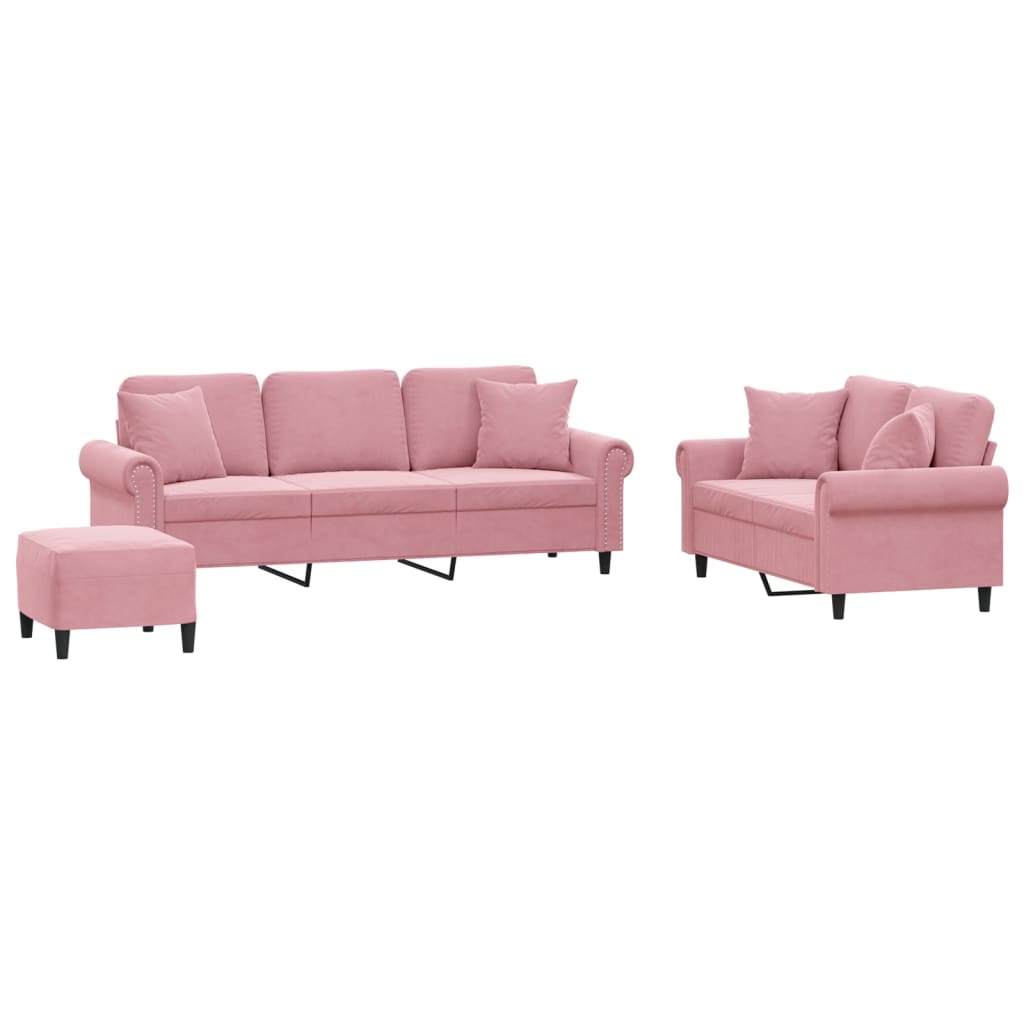3-dijelni set sofa s jastucima ružičasti baršunasti