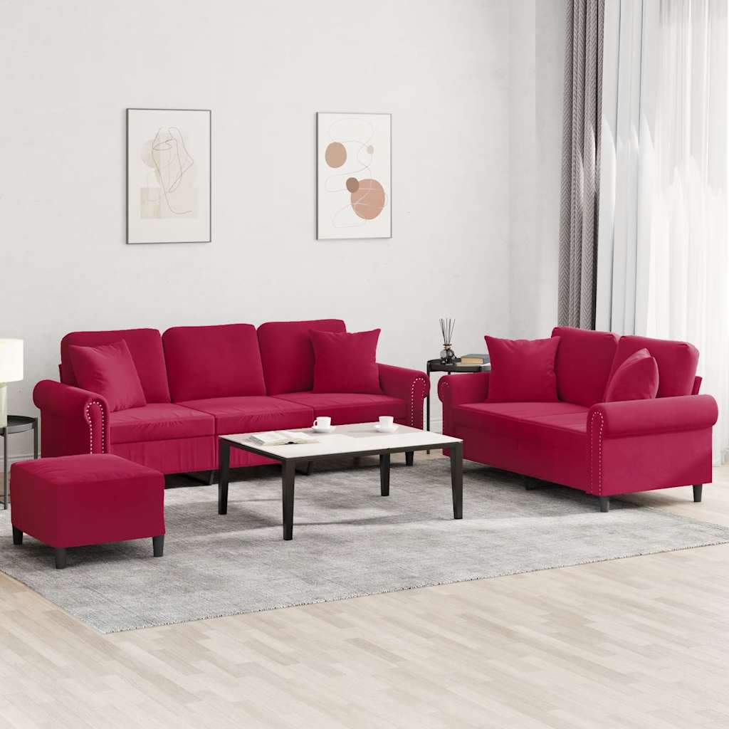 3-dijelni set sofa s jastucima crvena boja vina baršunasti