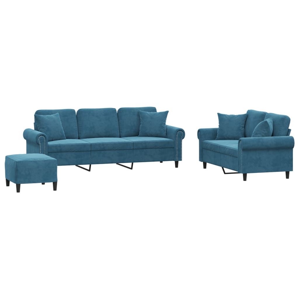 3-dijelni set sofa s jastucima plavi baršunasti