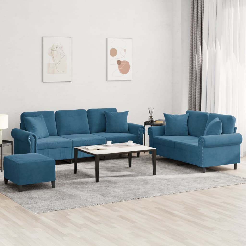3-dijelni set sofa s jastucima plavi baršunasti