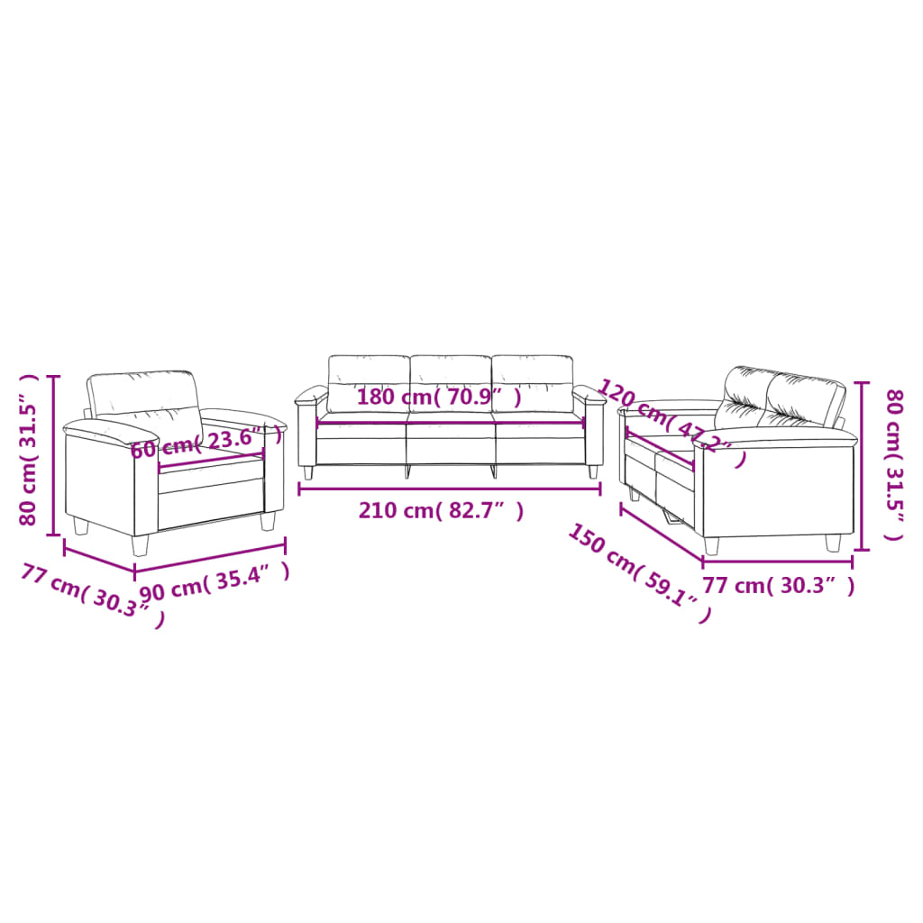 3-dijelni set sofa s jastucima krem od mikrovlakana