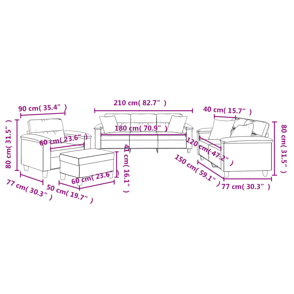 4-dijelni set sofa s jastucima crni od mikrovlakana