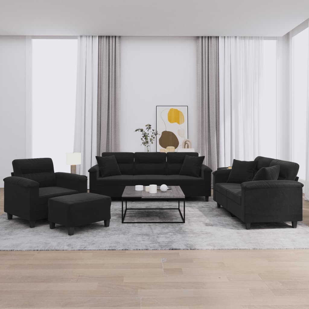 4-dijelni set sofa s jastucima crni od mikrovlakana
