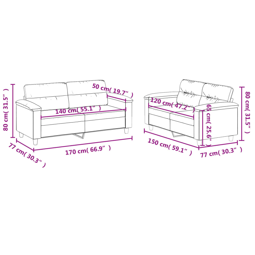 2-dijelni set sofa s jastucima svjetlosivi od mikrovlakana
