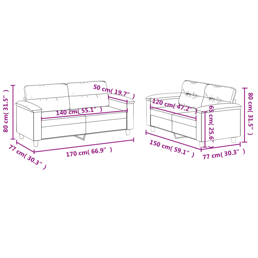 2-dijelni set sofa s jastucima krem od mikrovlakana