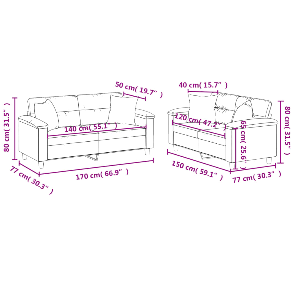2-dijelni set sofa s jastucima krem od mikrovlakana