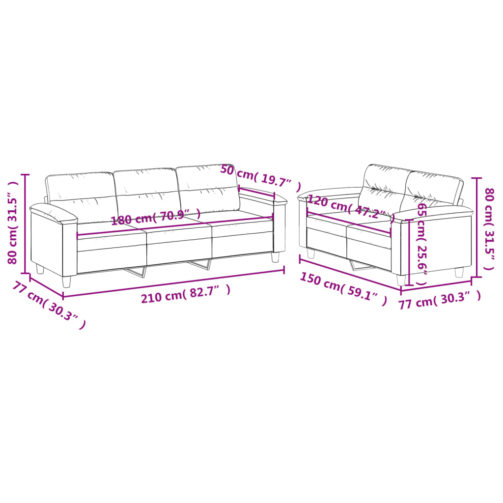 2-dijelni set sofa s jastucima krem od mikrovlakana