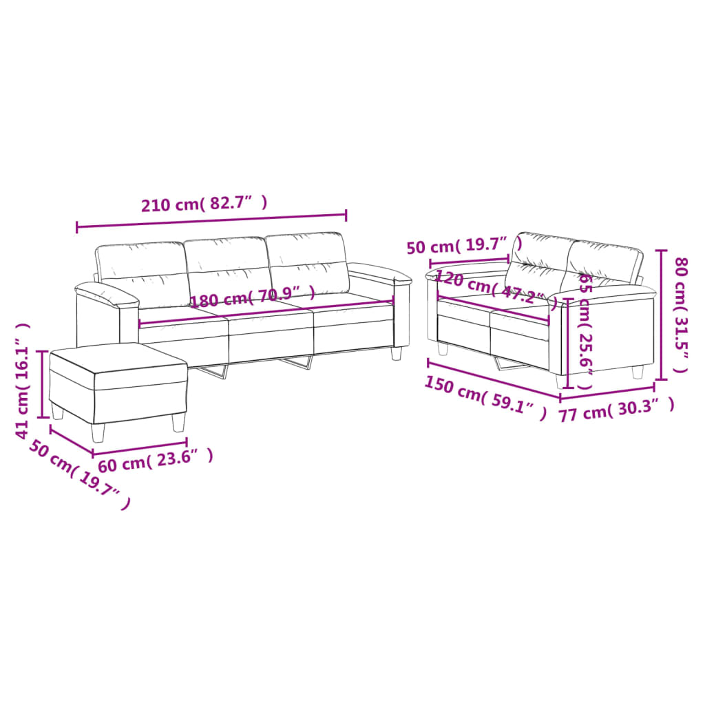 3-dijelni set sofa s jastucima crni od mikrovlakana