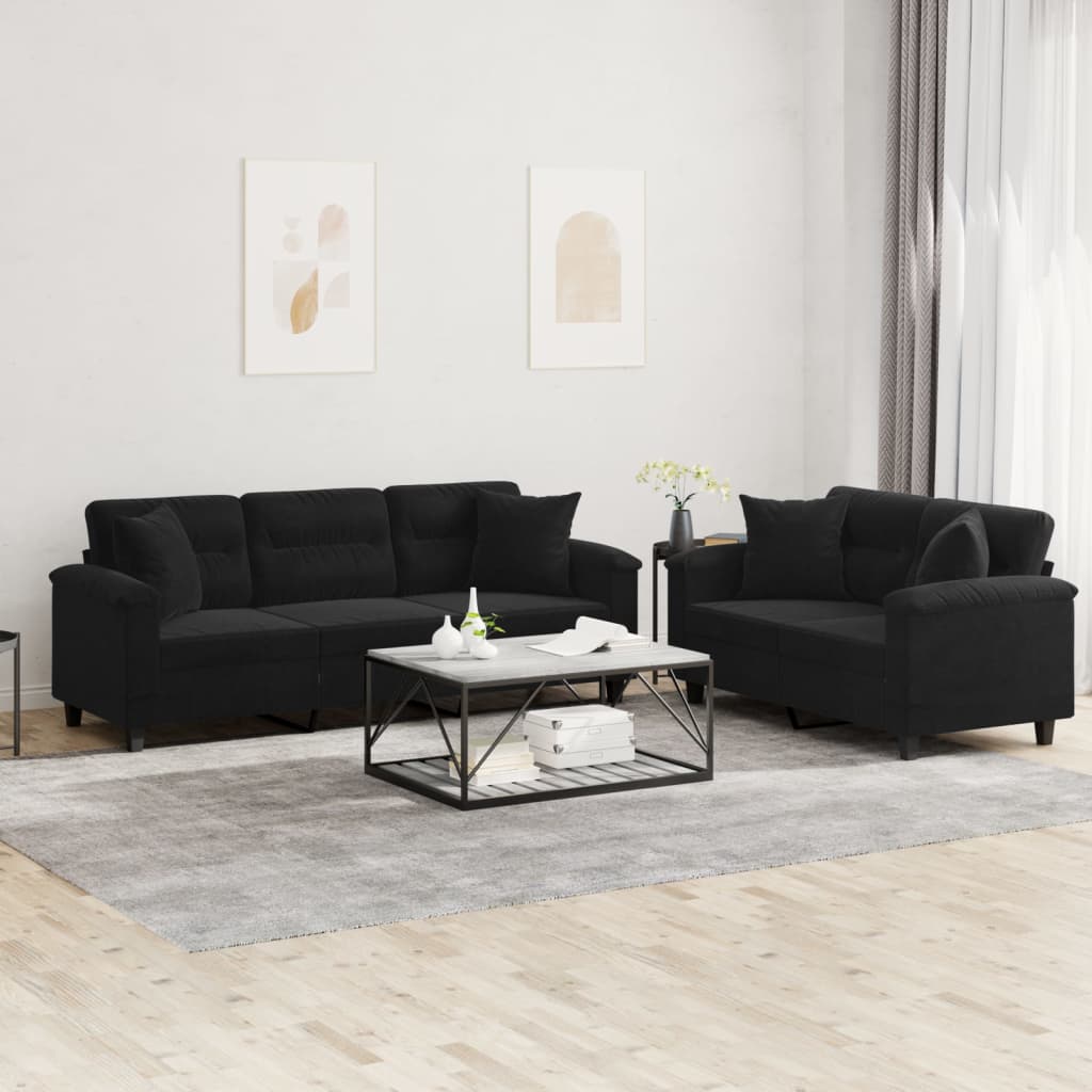 2-dijelni set sofa s jastucima crni od mikrovlakana