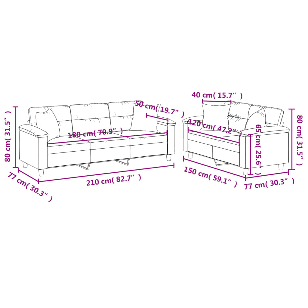 2-dijelni set sofa s jastucima krem od mikrovlakana