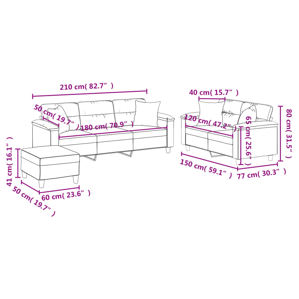 3-dijelni set sofa s jastucima smeđesivi od mikrovlakana
