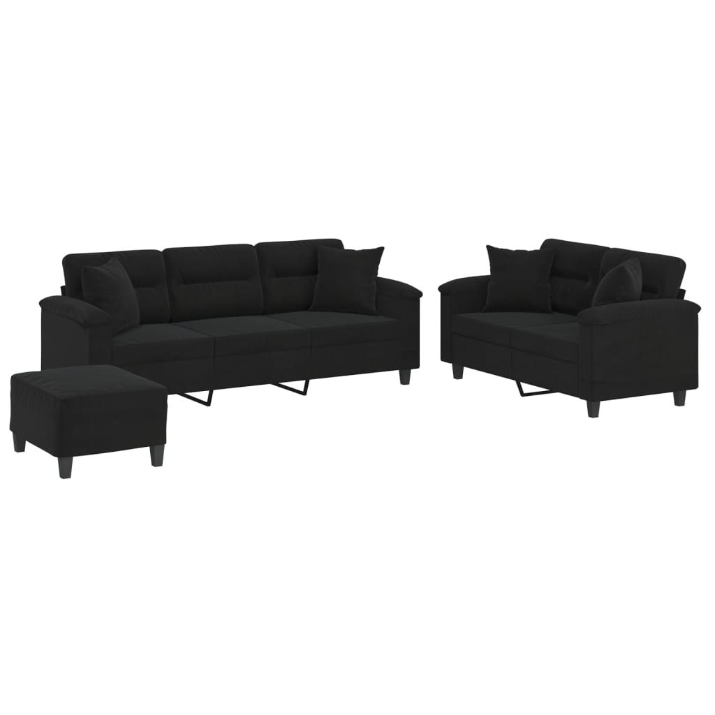 3-dijelni set sofa s jastucima crni od mikrovlakana