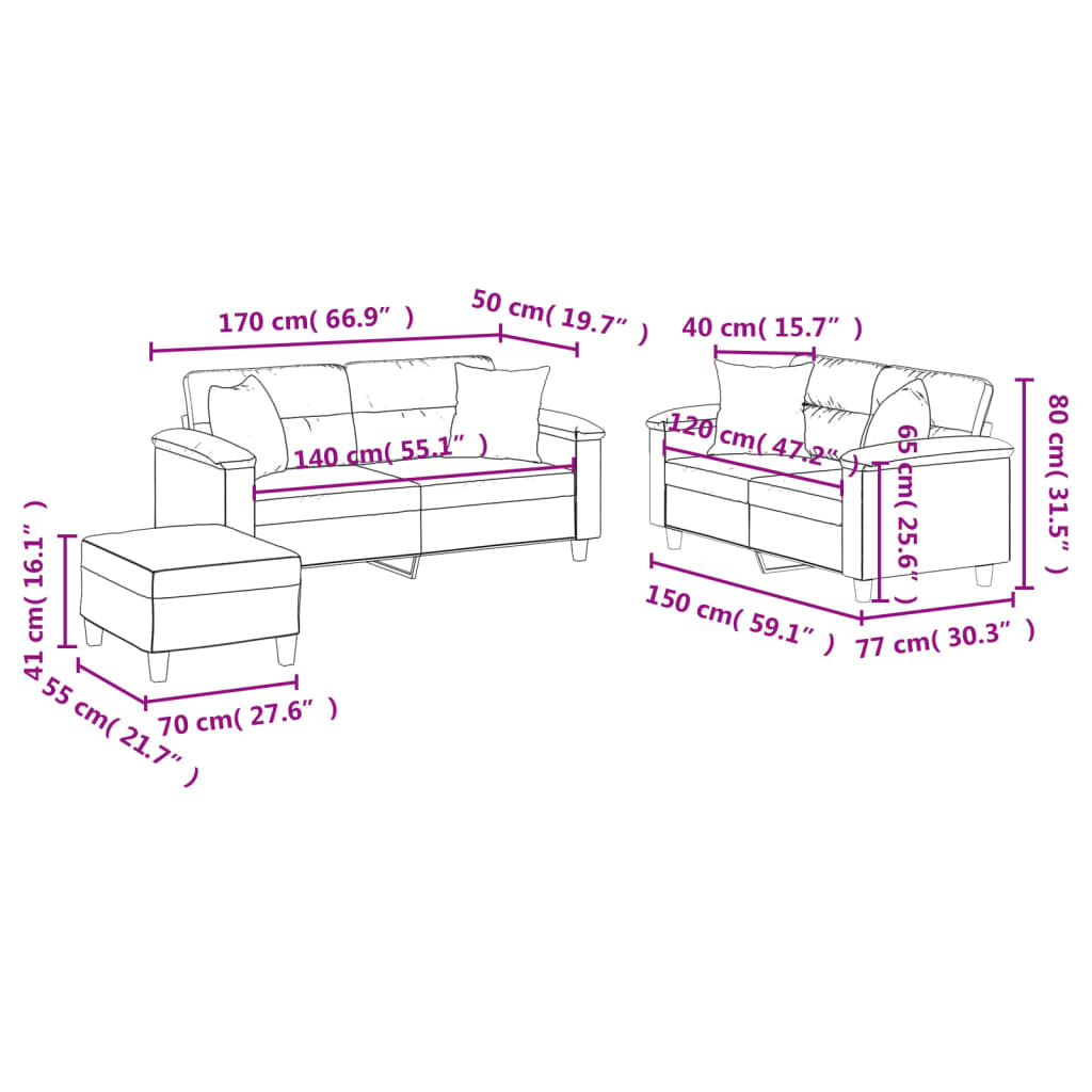 3-dijelni set sofa s jastucima boja cappuccina od umjetne kože