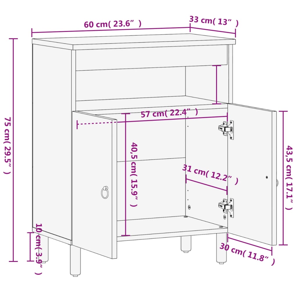 Bočni ormarić 60 x 33 x 75 cm od masivnog drva manga