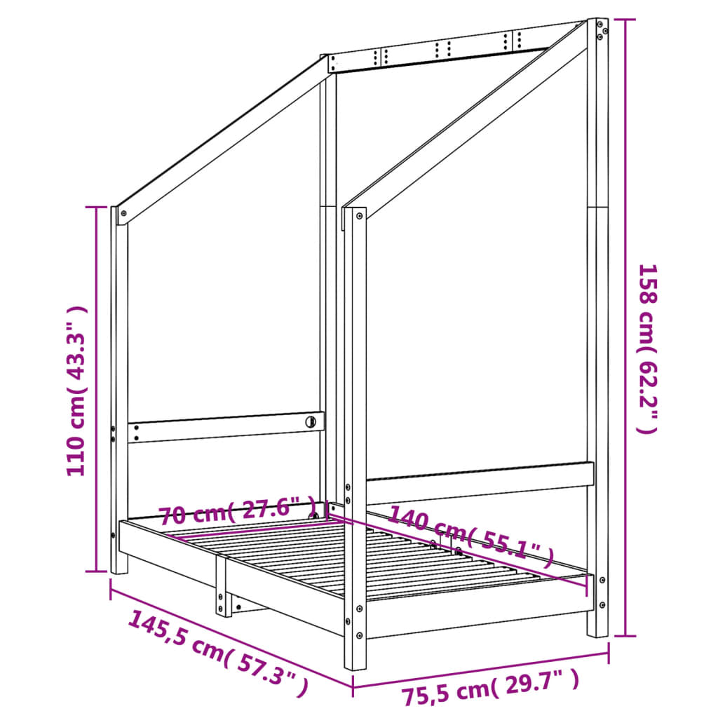 Okvir za dječji krevet crni 70 x 140 cm od masivne borovine