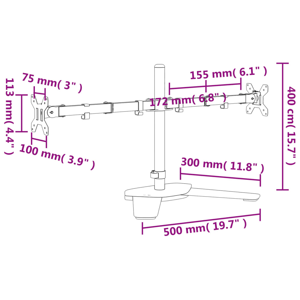 Dvostruki nosač za monitor crni čelični VESA 75/100 mm