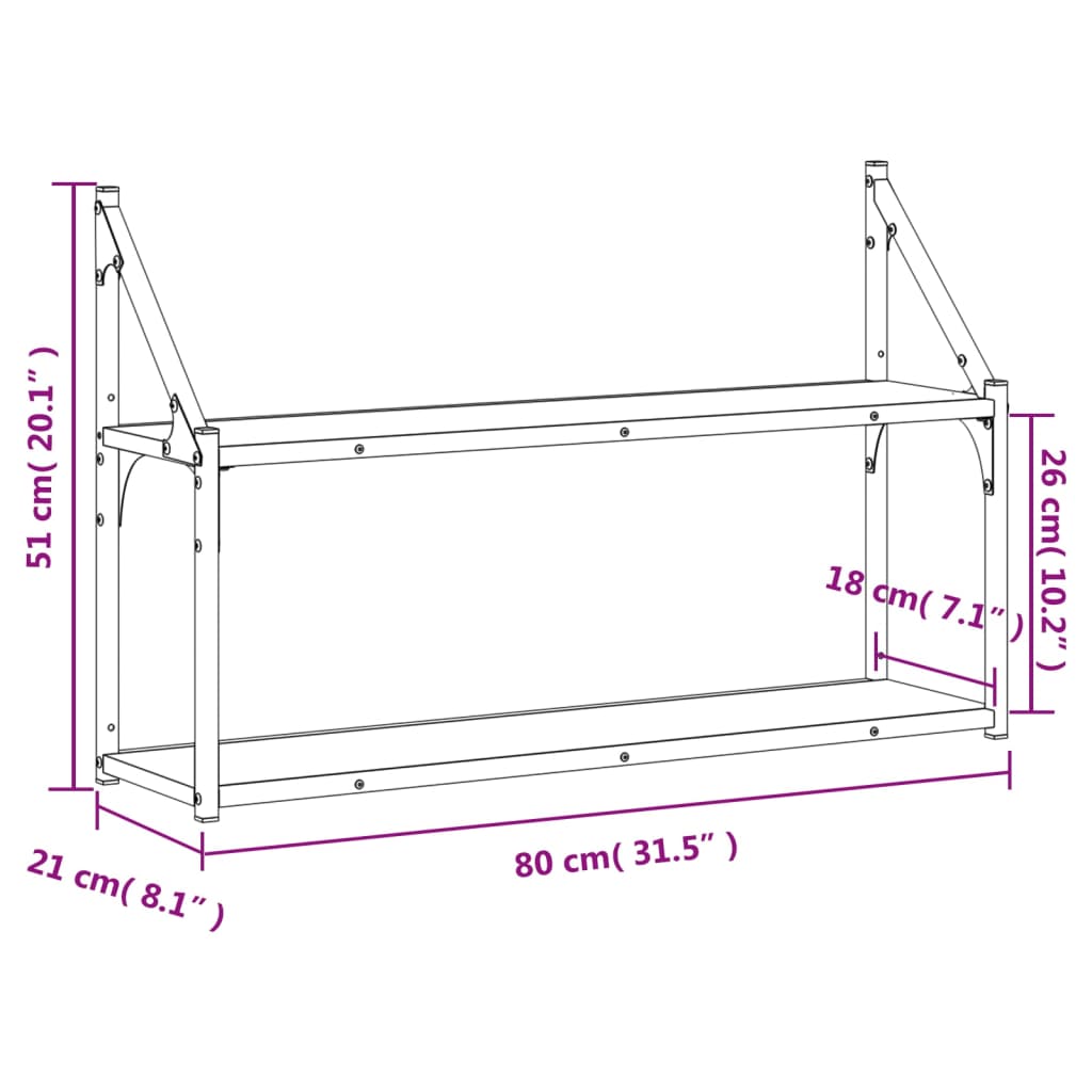 Zidna polica s 2 razine dimljenog hrasta 80x21x51 cm drvena