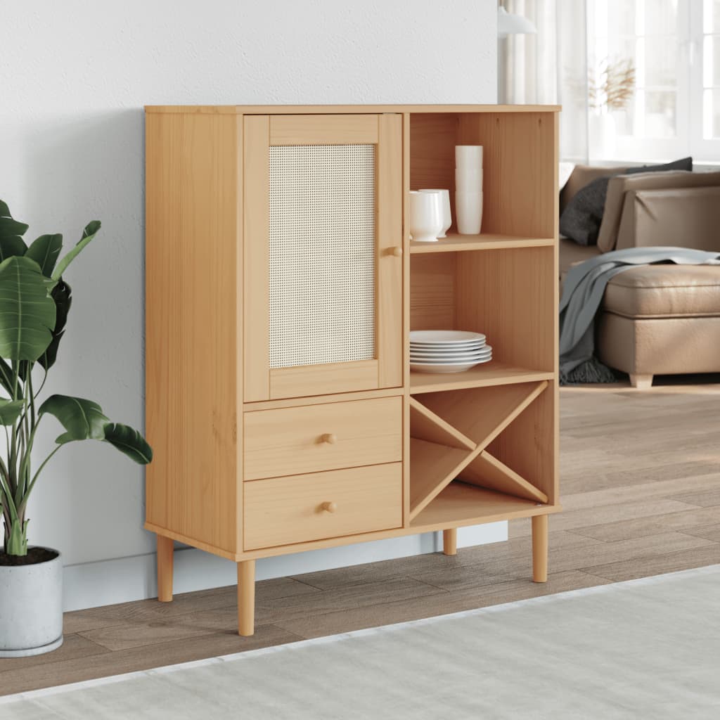 Visoka komoda SENJA smeđa izgled ratana 90x40x112 cm borovina