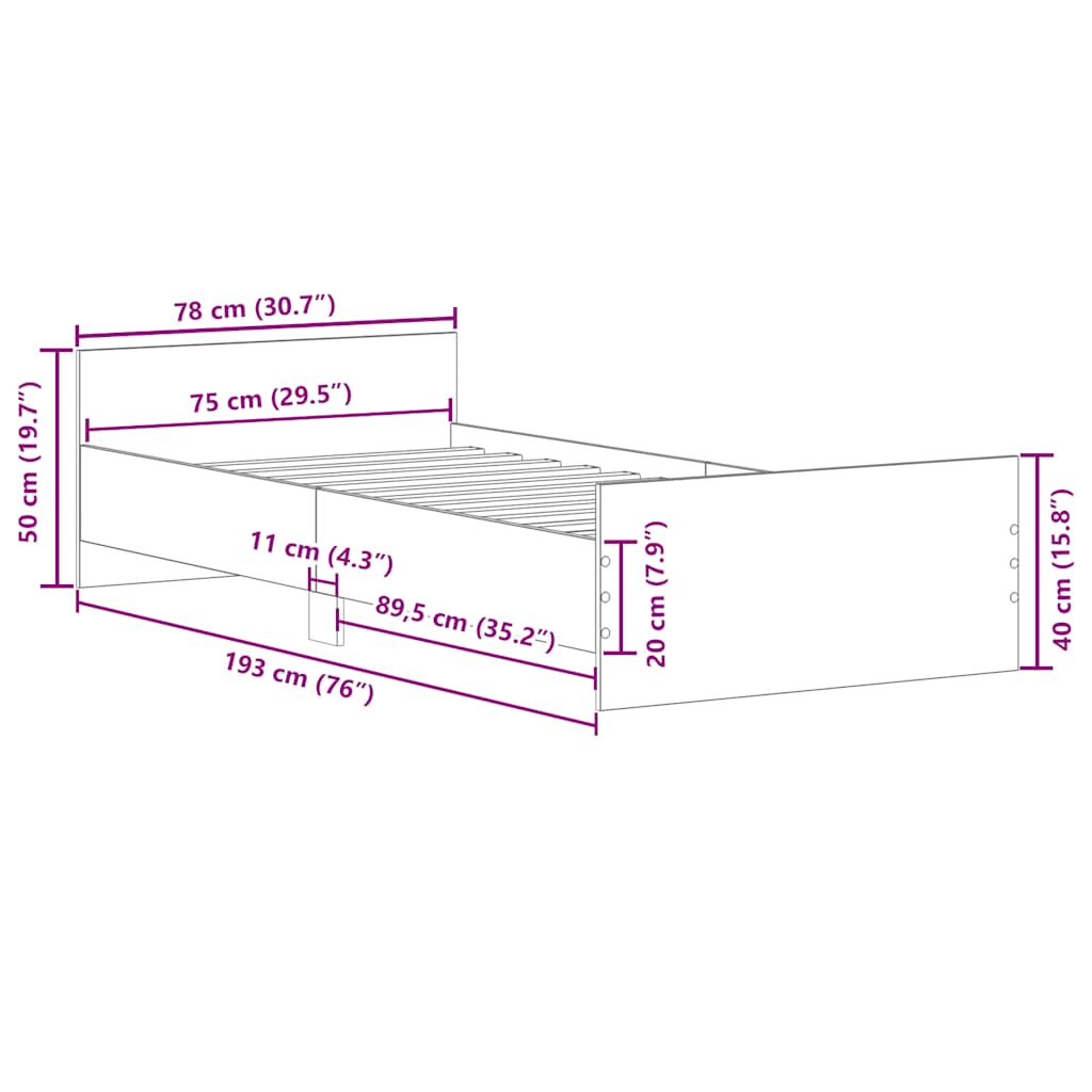 Okvir kreveta boja hrasta 75x190 cm mali od konstruiranog drva